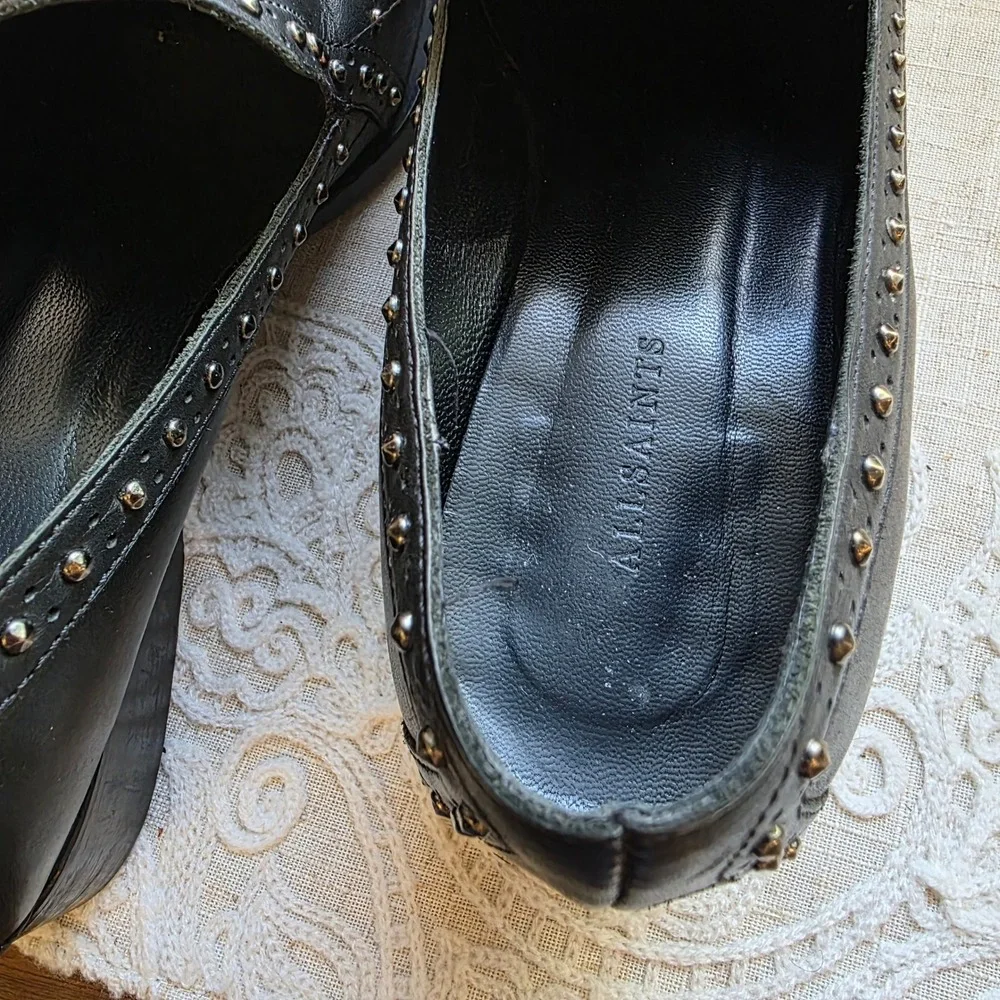 AllSaints Leather Studded Loafers 39 8.5 Black Silver Stud Slip On Shoe Portugal